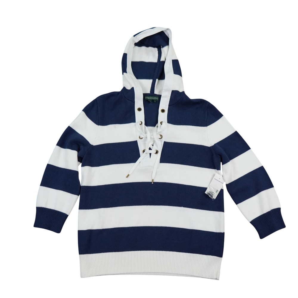 VTG Lauren Ralph Lauren Hoodie Womens L Blue Striped‎ Lace Up Nautical Outdoor
